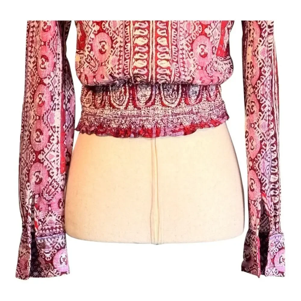 Free People Boho Cropped V-Neck Blouse Pink Print Boho Chic Printed Floral XS